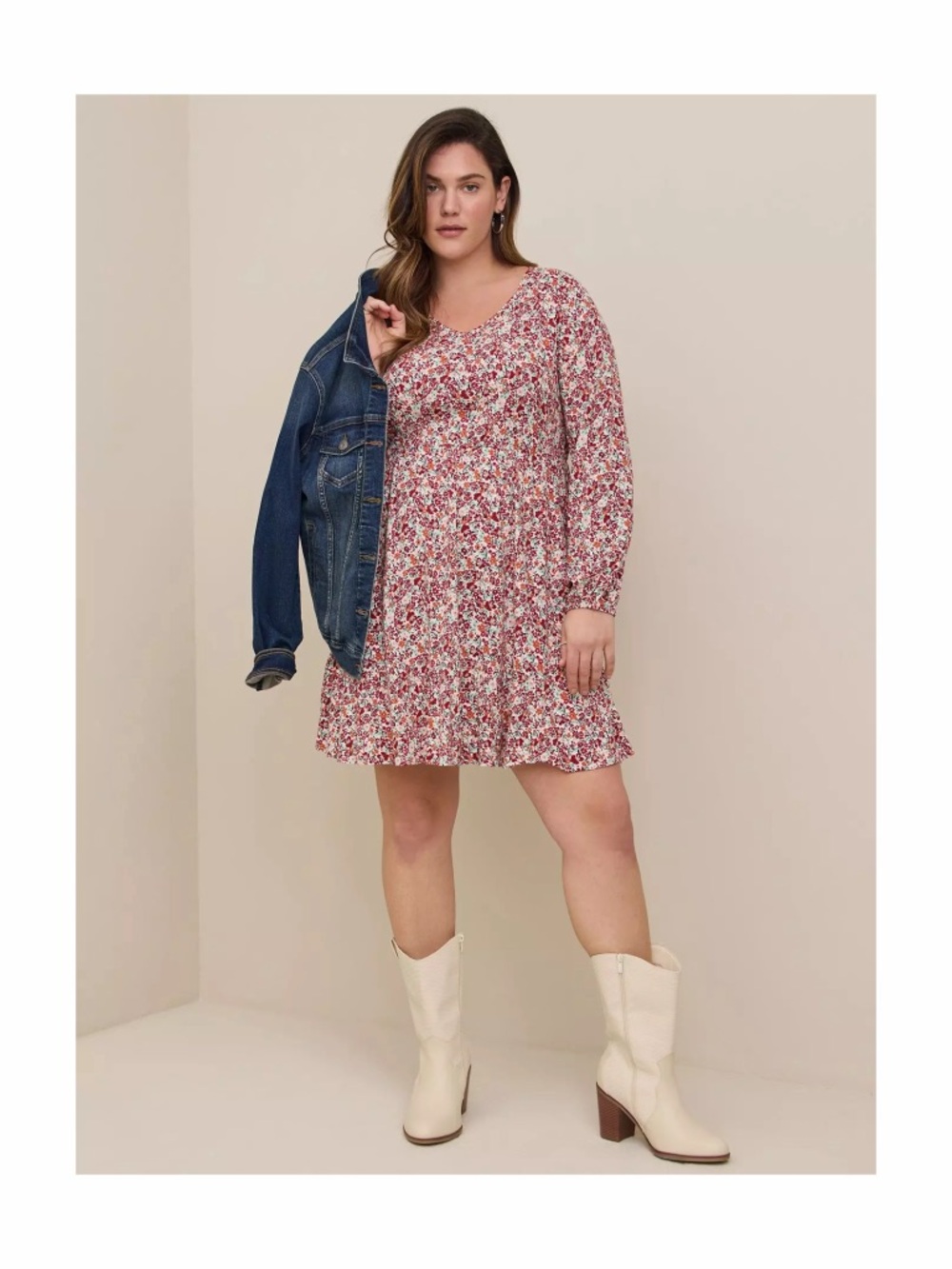 Torrid Long Sleeve Pink Floral Mini Dress Size 1X Skater Tiered Pockets Spring